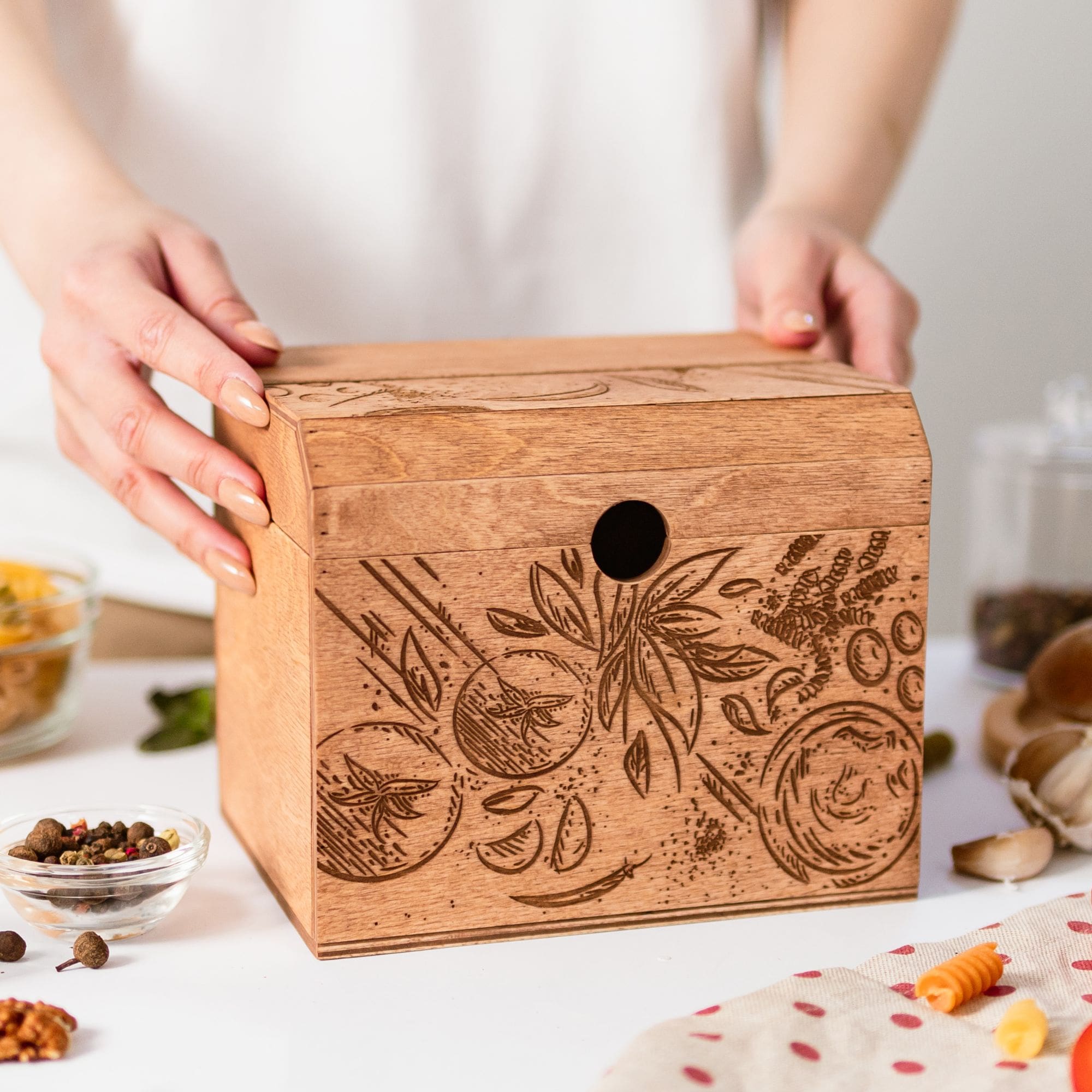Wooden recipe box with tomato design, brown finish, ideal for farmhouse kitchen counter storage.
