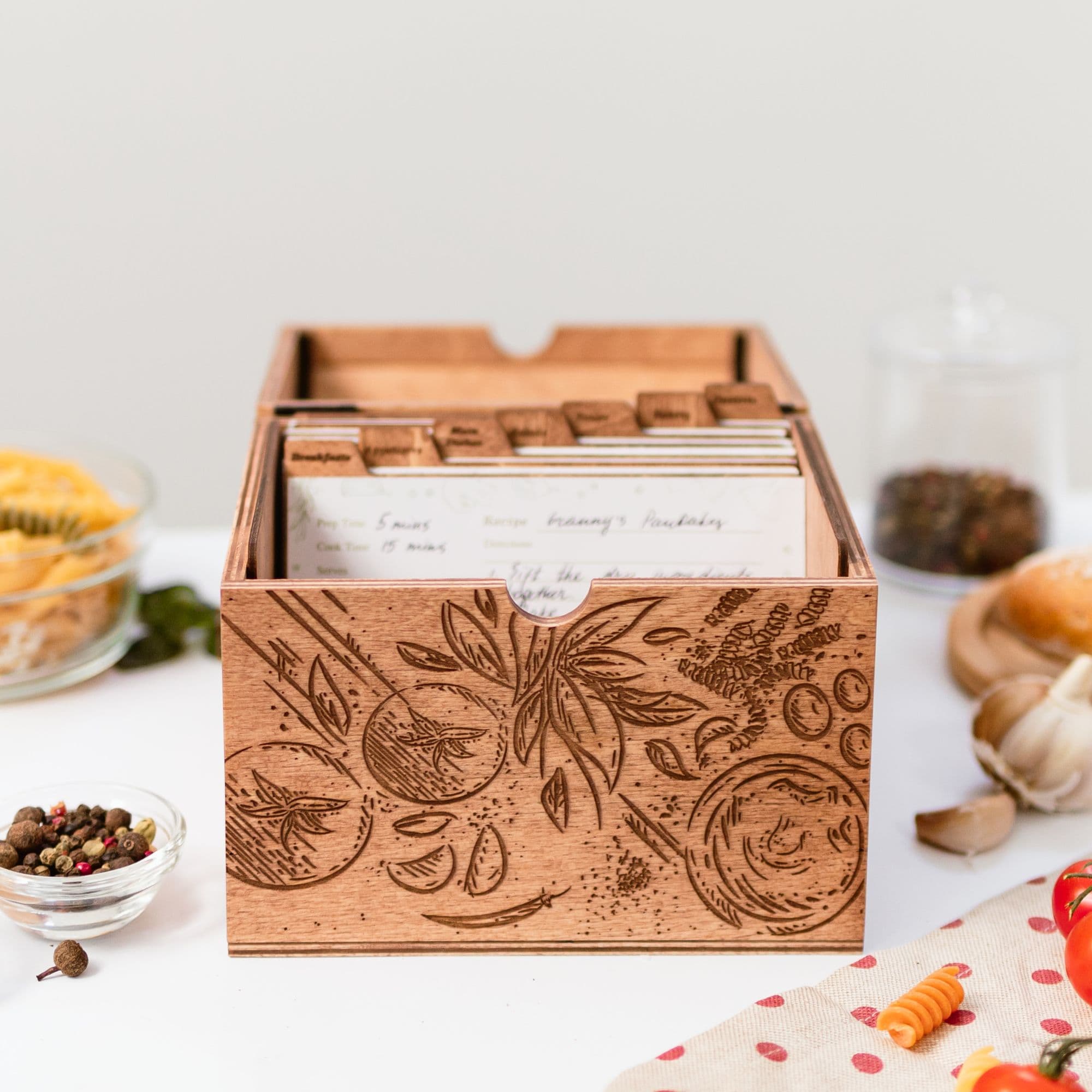 Wooden Recipe Box with Tomato Design - Farmhouse Kitchen Storage