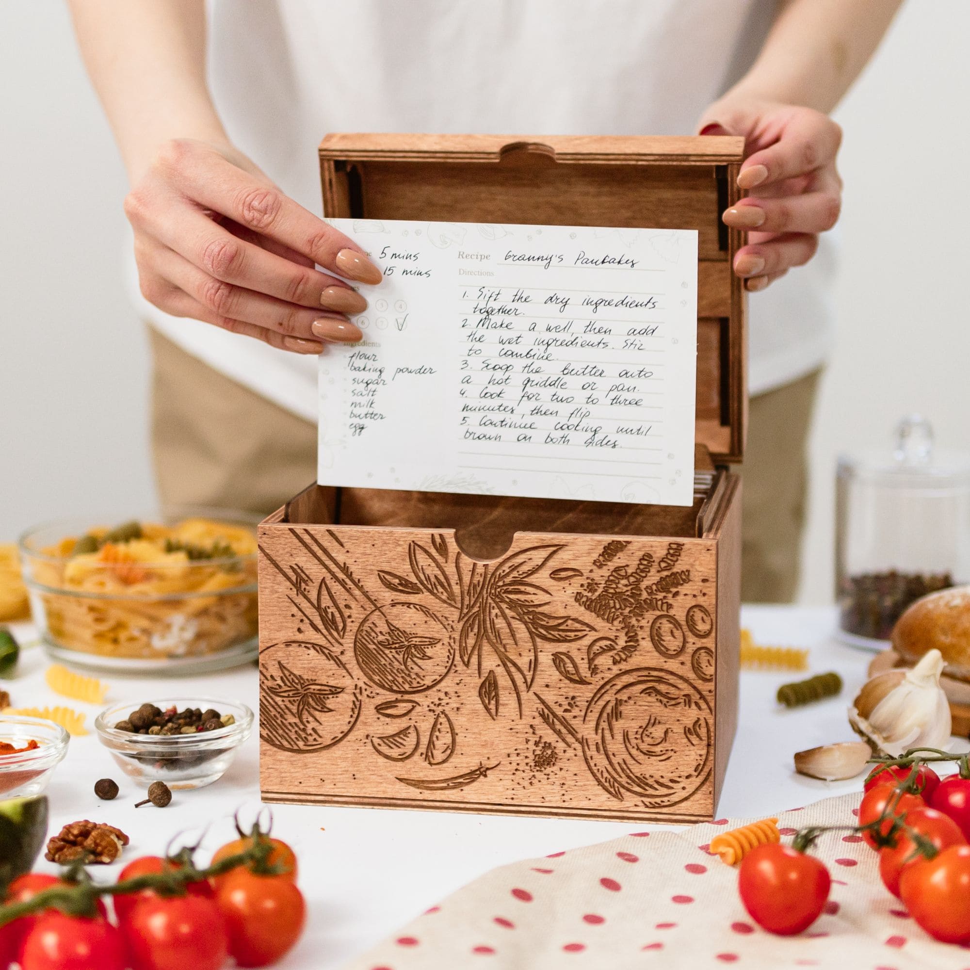 Wooden Recipe Box with Tomato Design - Farmhouse Kitchen Storage