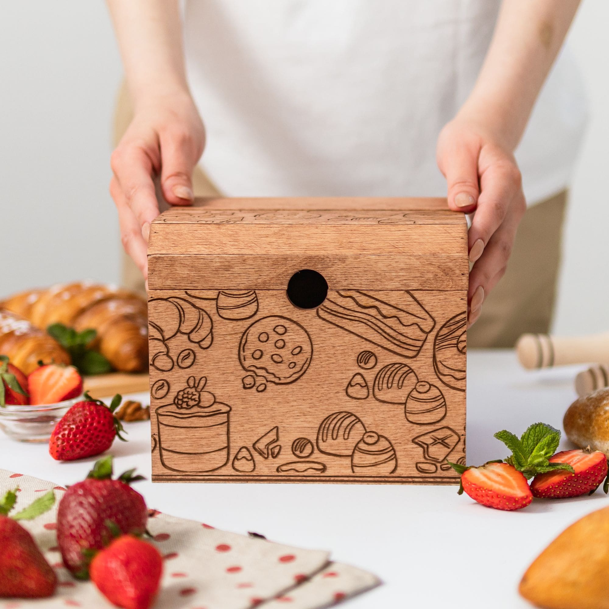 Wooden Recipe Box - Pastries Collection Farmhouse Organizer
