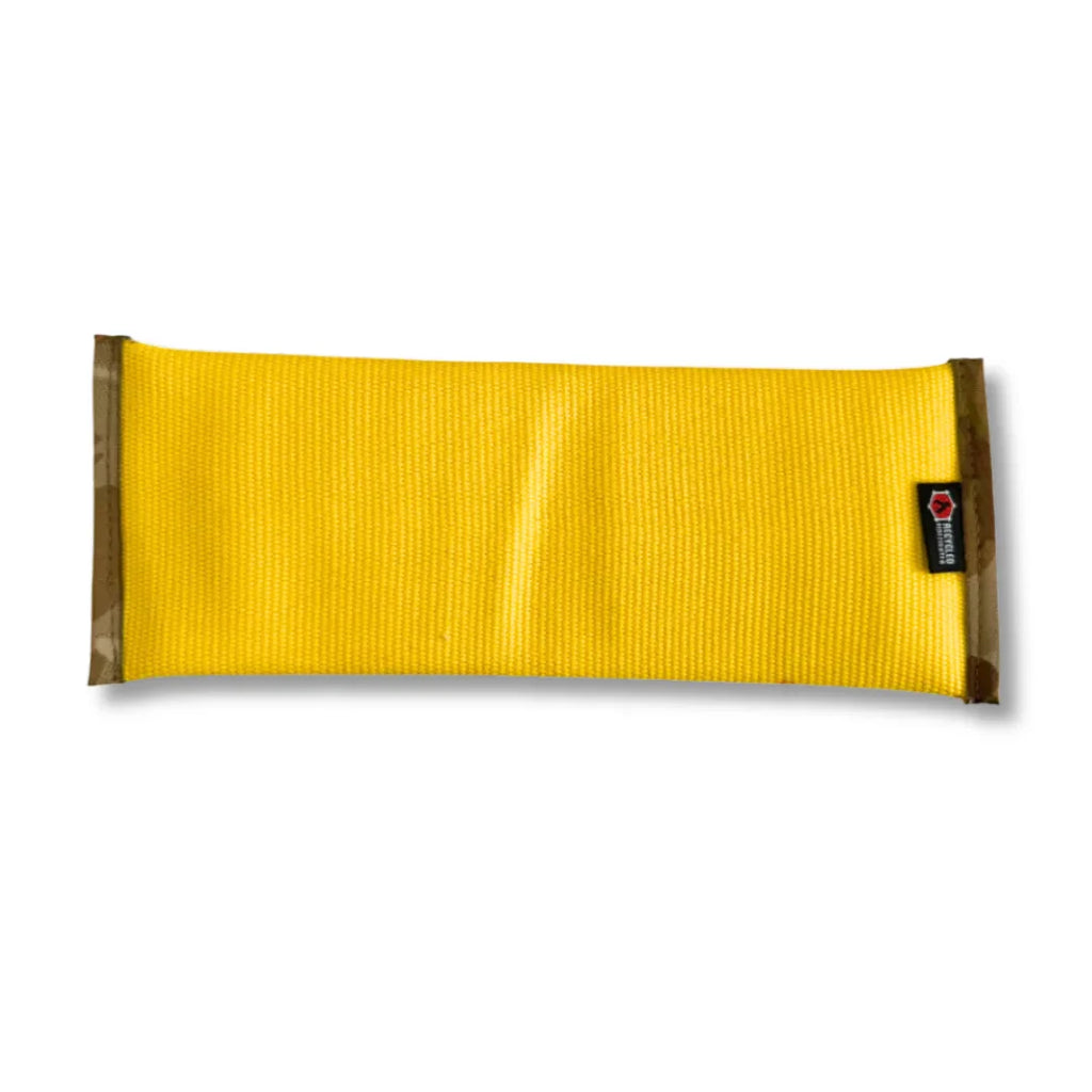 XL Recycled Fire Hose Dog Fetch Toy in bright safety yellow and camo-patterned trim for outdoor play.