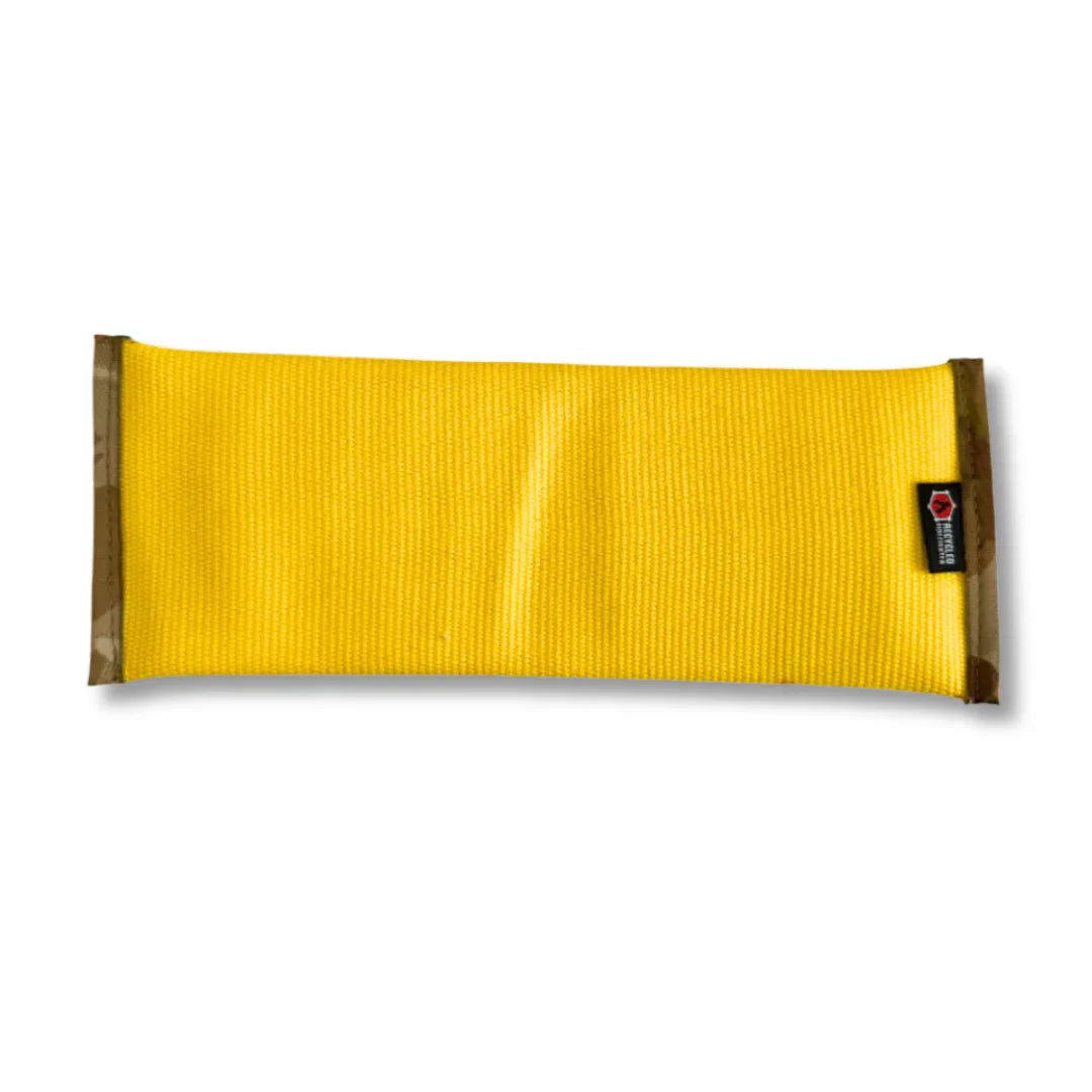 XL Recycled Fire Hose Dog Fetch Toy in bright safety yellow and camo-patterned trim for outdoor play.