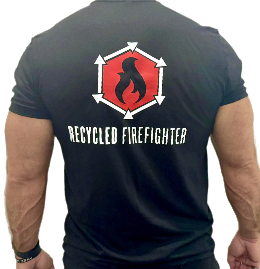 Unisex Recycled Firefighter logo graphic t-shirt in black with red and white branding