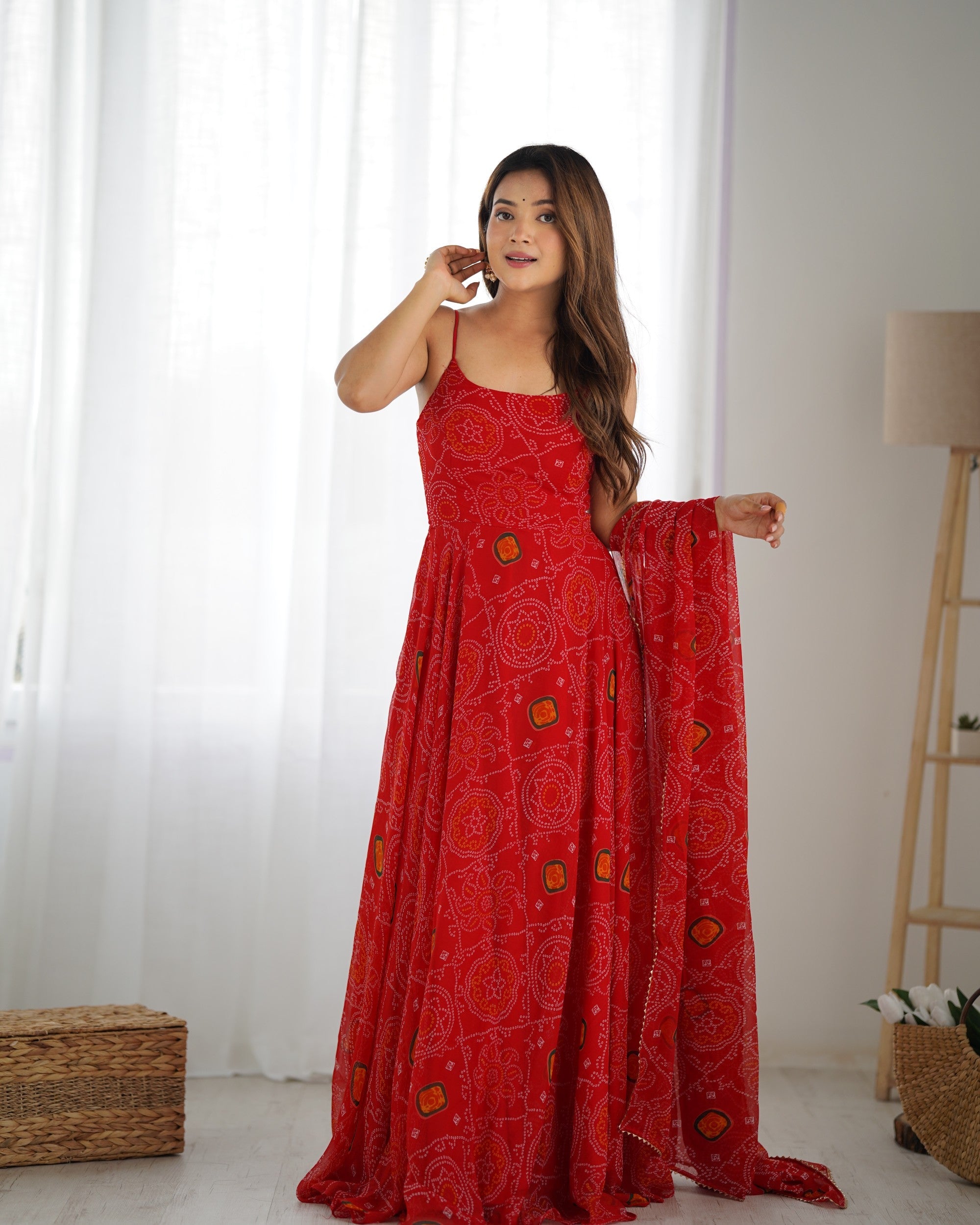 Red Bandhej Print Chiffon Anarkali Gown with Pant and Dupatta Set