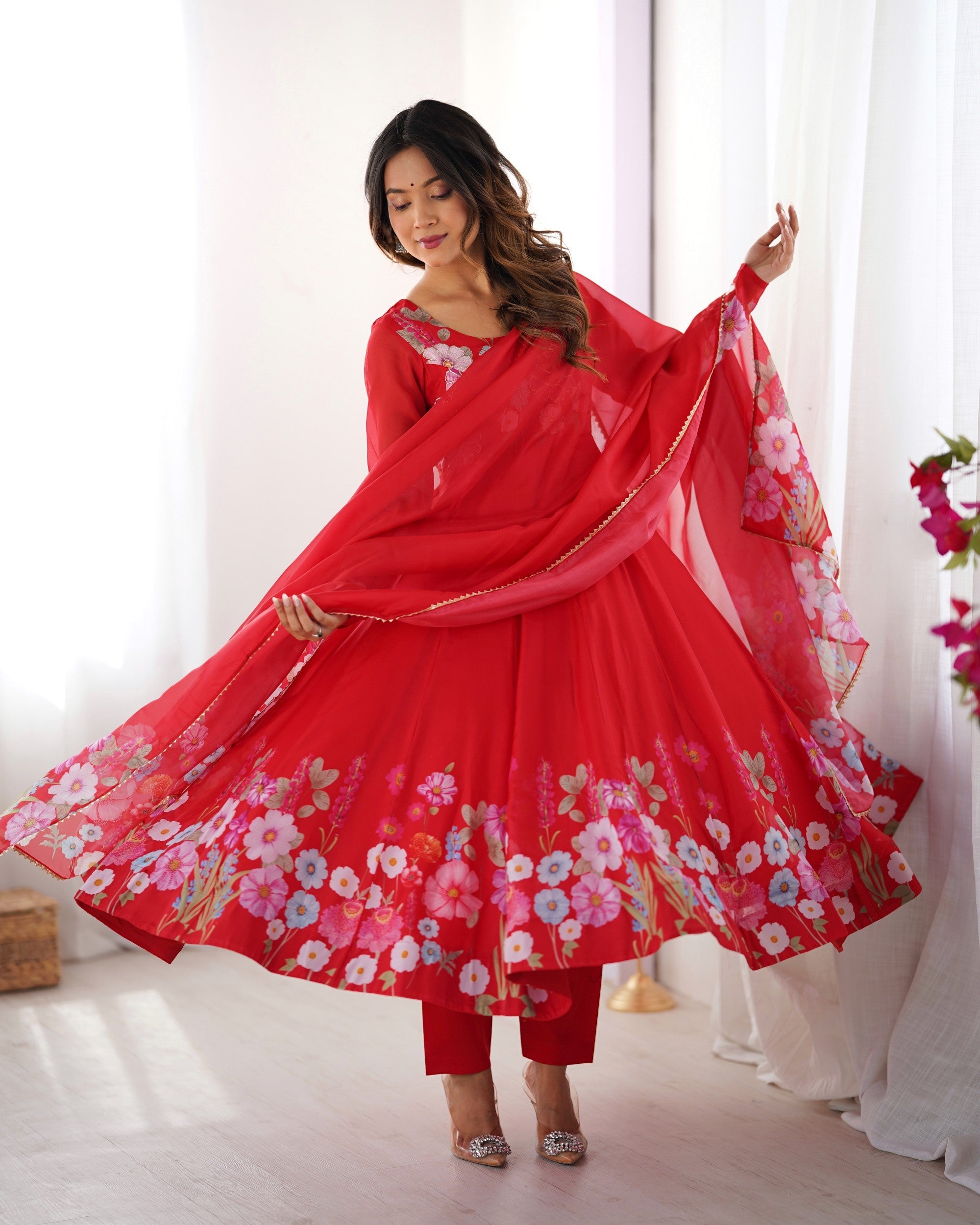 Red Organza Silk Floral Print Anarkali Pant and Dupatta Set