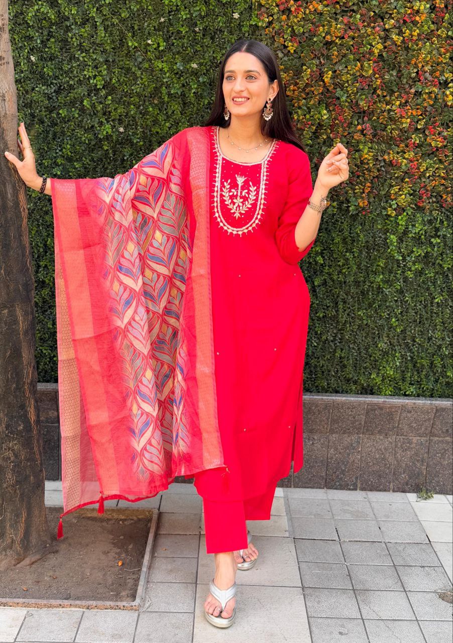 Red Roman Silk Kurta Pant Set with Hand Work and Dupatta