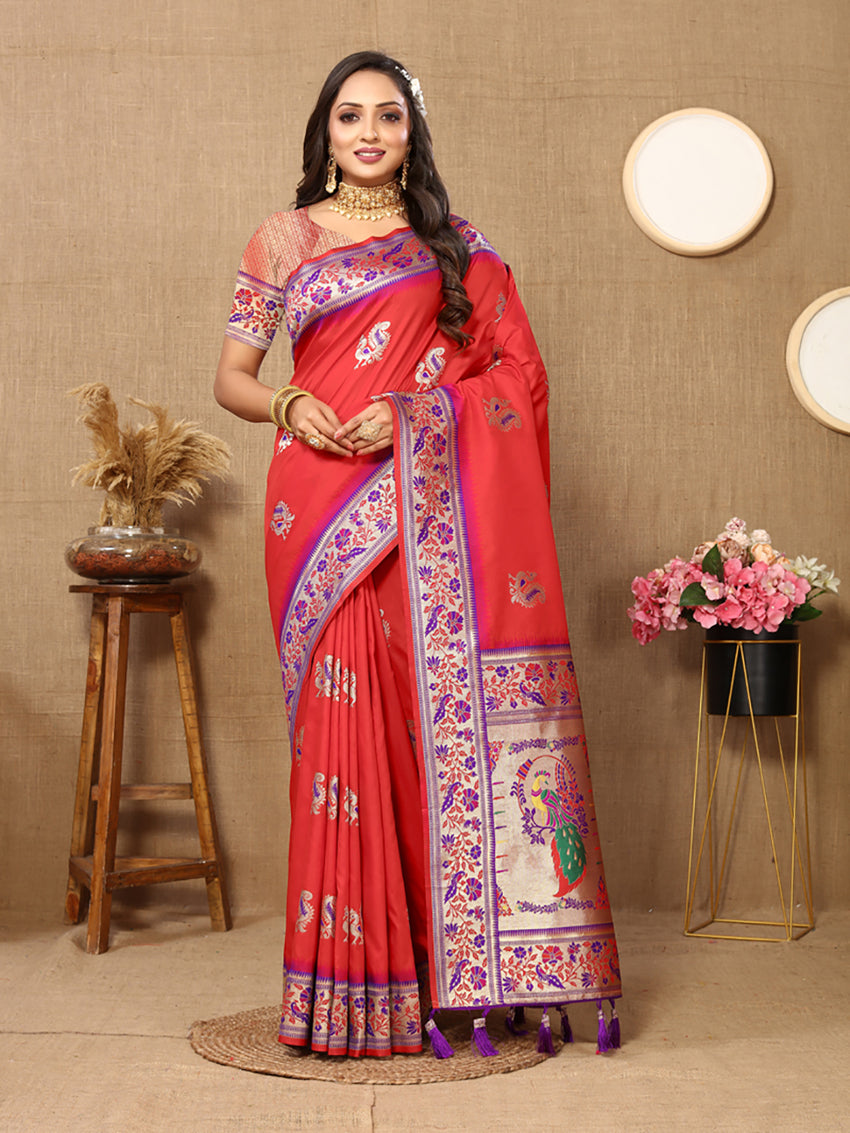 Red Soft Paithani Silk Saree with detailed Meenakari Zari woven pallu