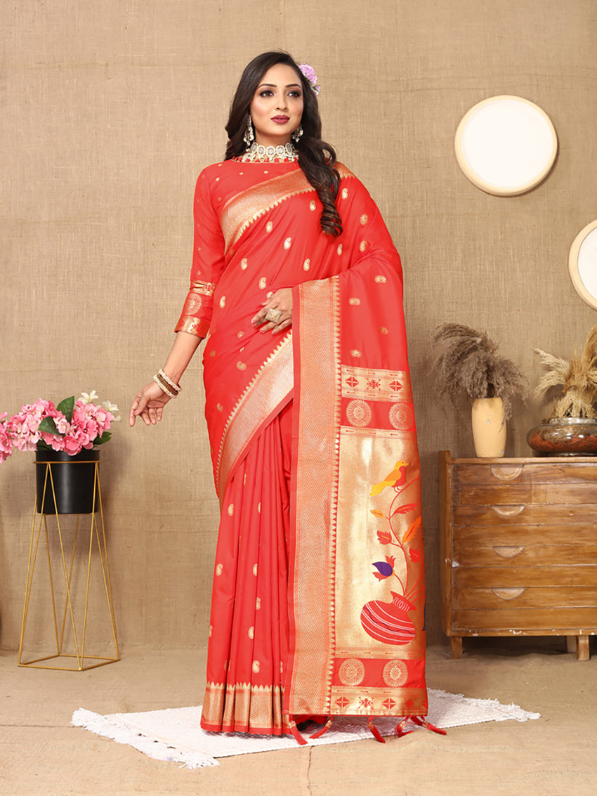Red Soft Paithani Silk Saree with intricate gold Zari Meenakari weaving and matching blouse piece.