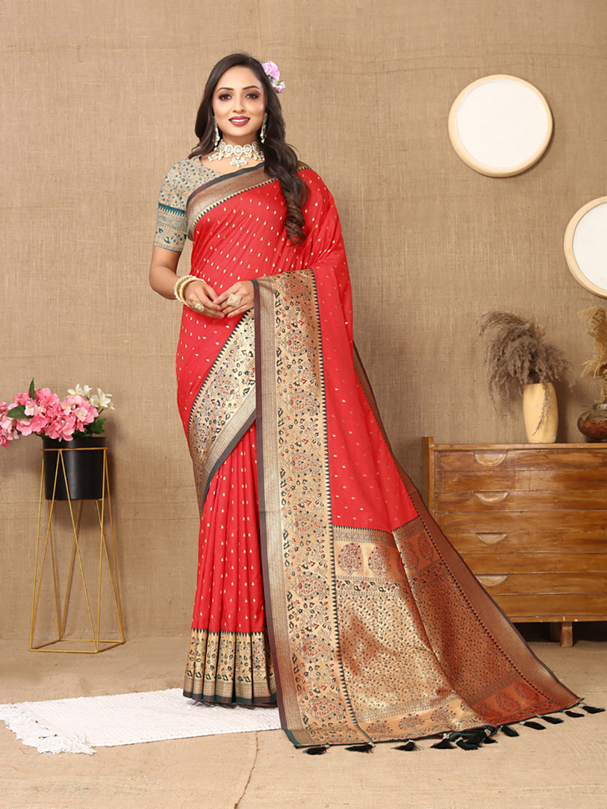 Red Soft Silk Saree with Rich Zari Weaving Design