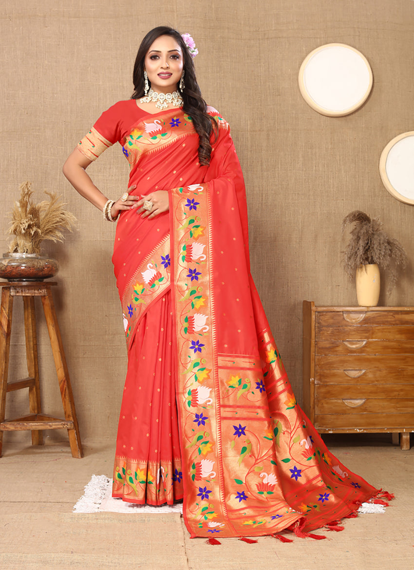 Lorenvalley Fashion Red Soft Paithani Silk Woven Design Rich Zari Meenakari Weaving Saree
