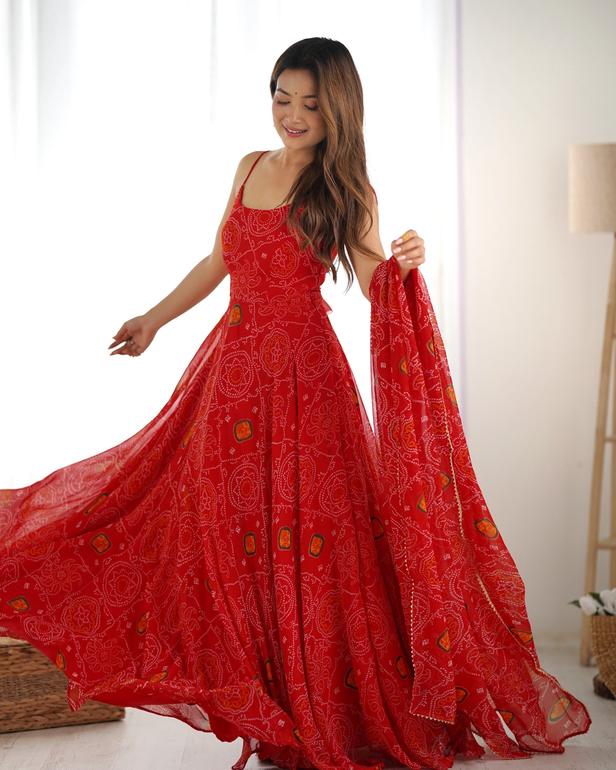 Red Bandhej Print Chiffon Anarkali Gown with Pant and Dupatta Set