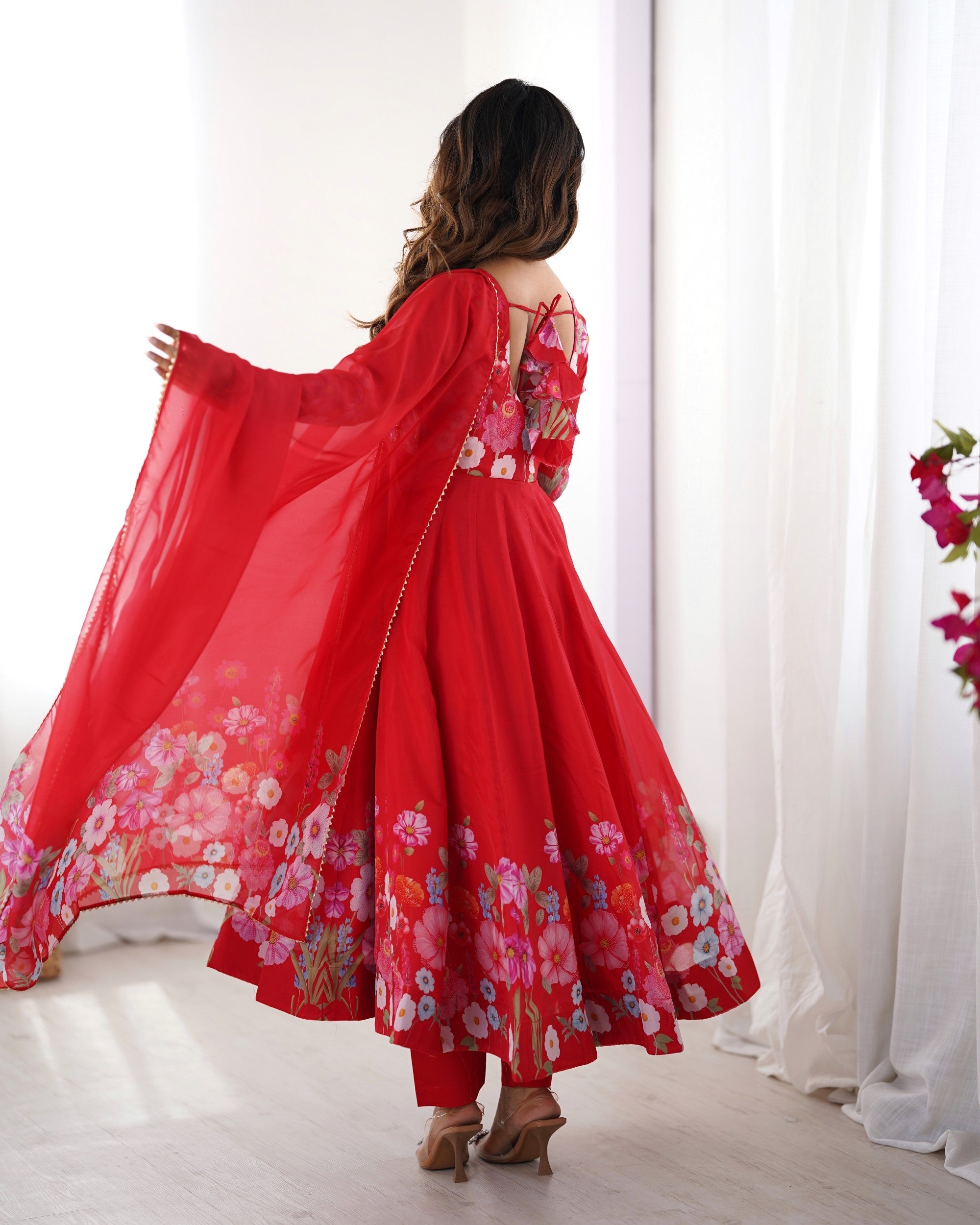 Red Organza Silk Floral Print Anarkali Pant and Dupatta Set