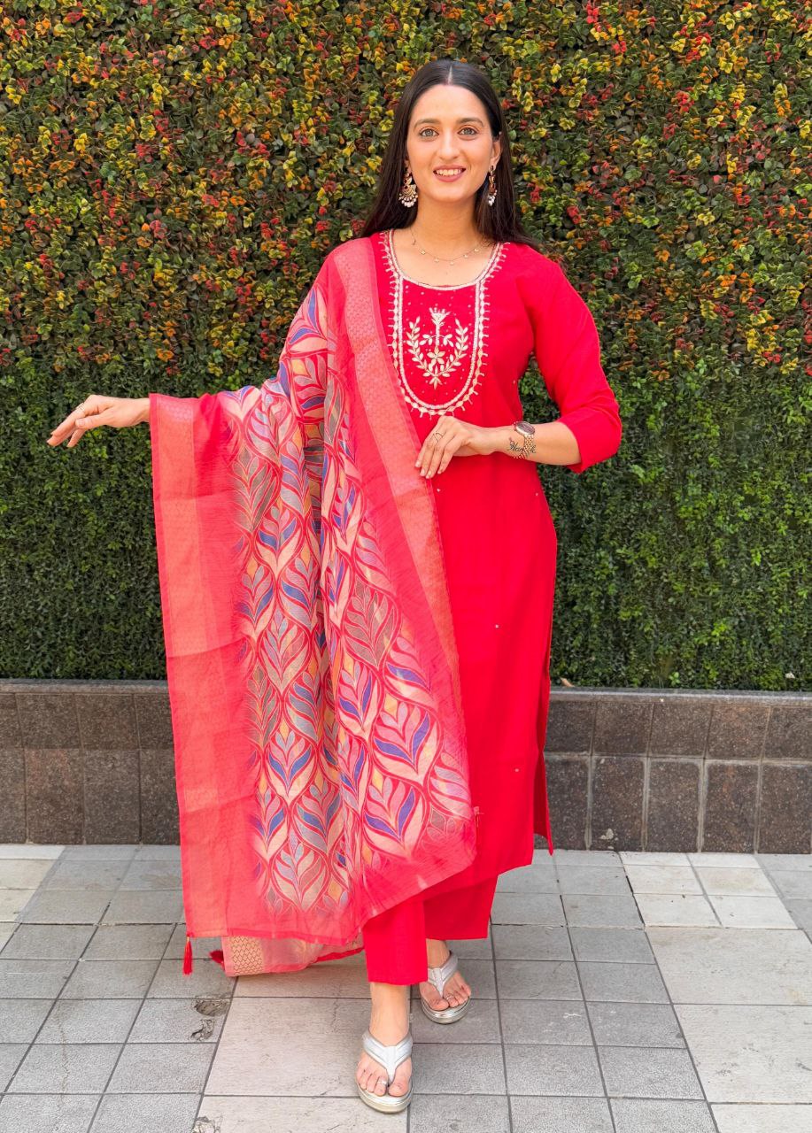 Red Roman Silk Kurta Pant Set with Hand Work and Dupatta