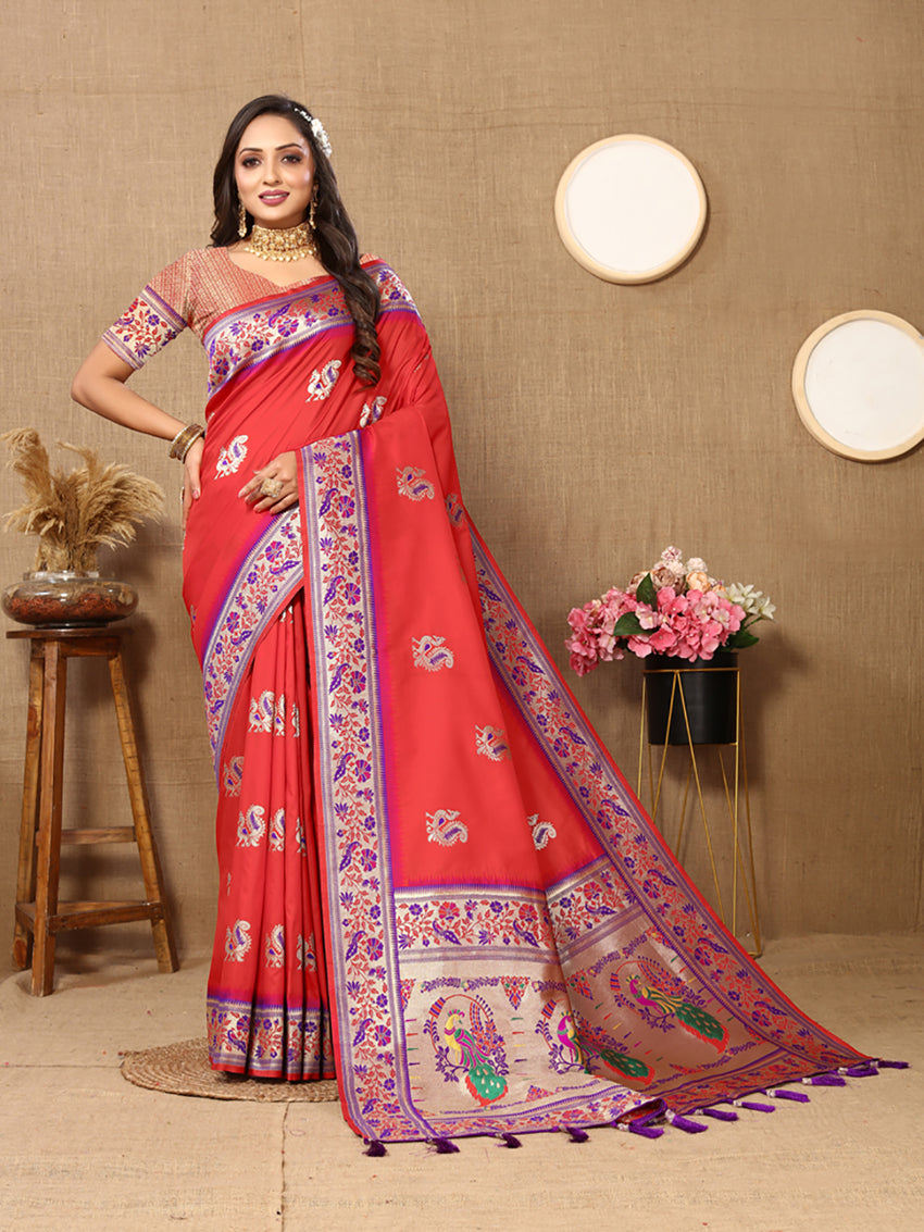 Red Soft Paithani Silk Saree with Meenakari Zari Pallu