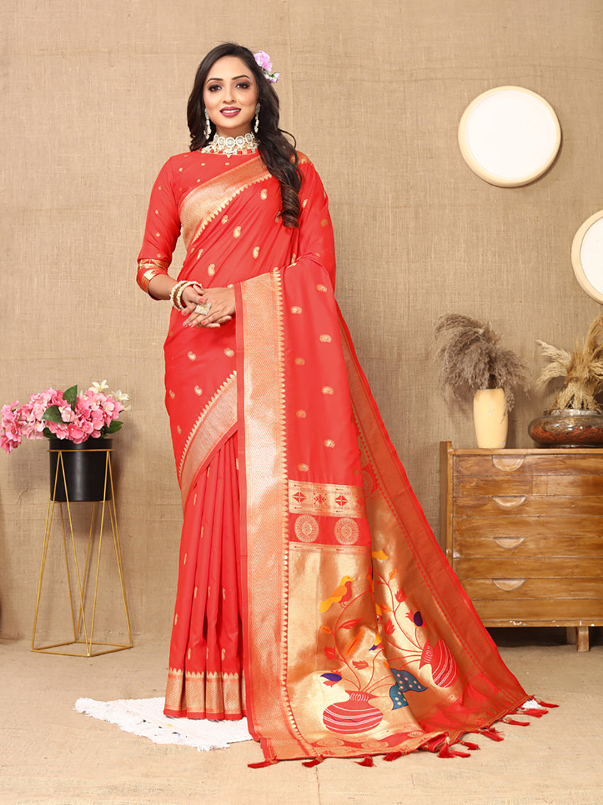 Red Soft Paithani Silk Saree with Rich Zari Meenakari Weaving