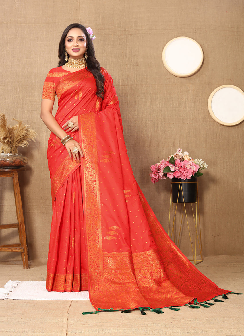 Red Soft Silk Saree with Copper Zari Weaving Design