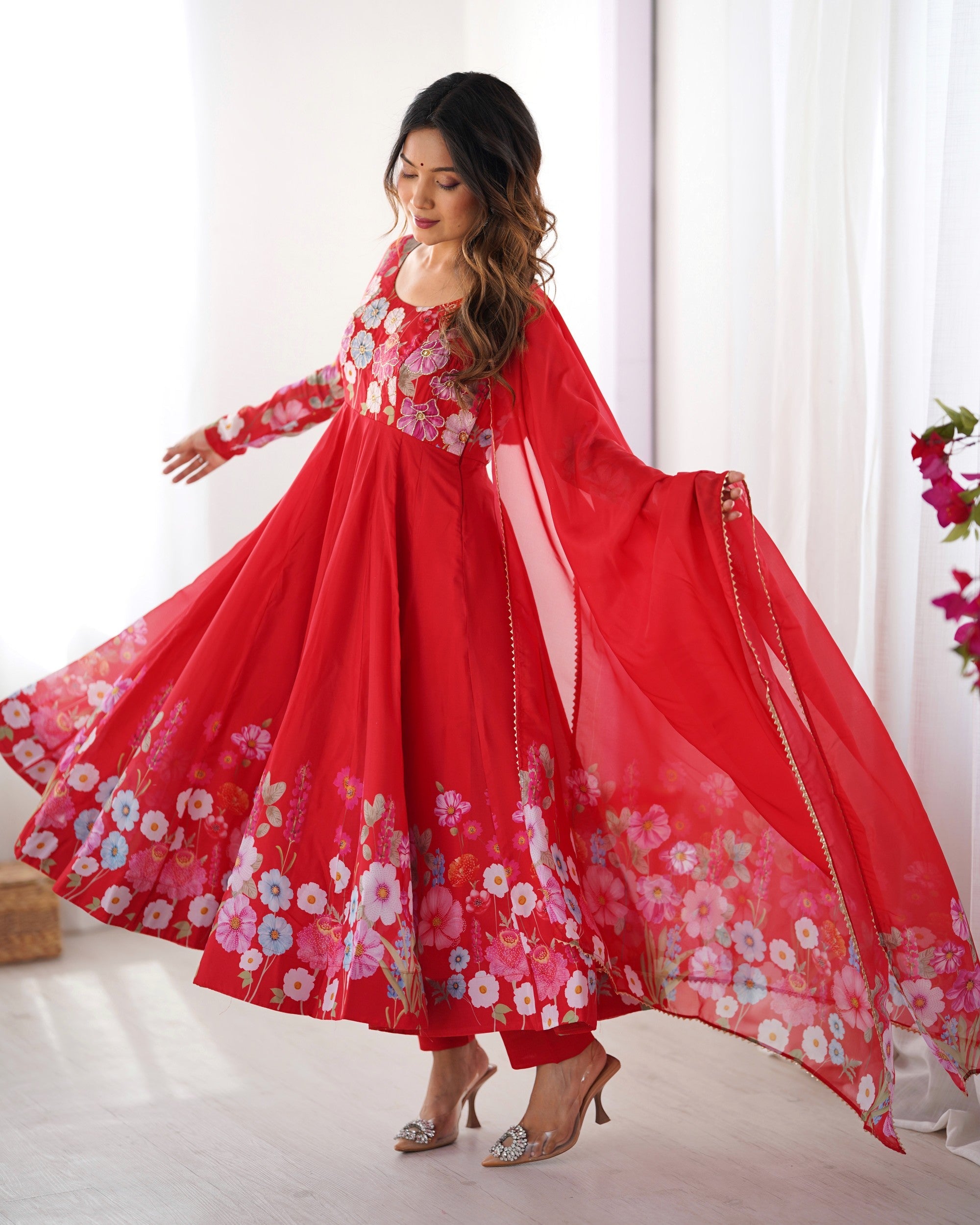 Red Organza Silk Floral Print Anarkali Pant and Dupatta Set