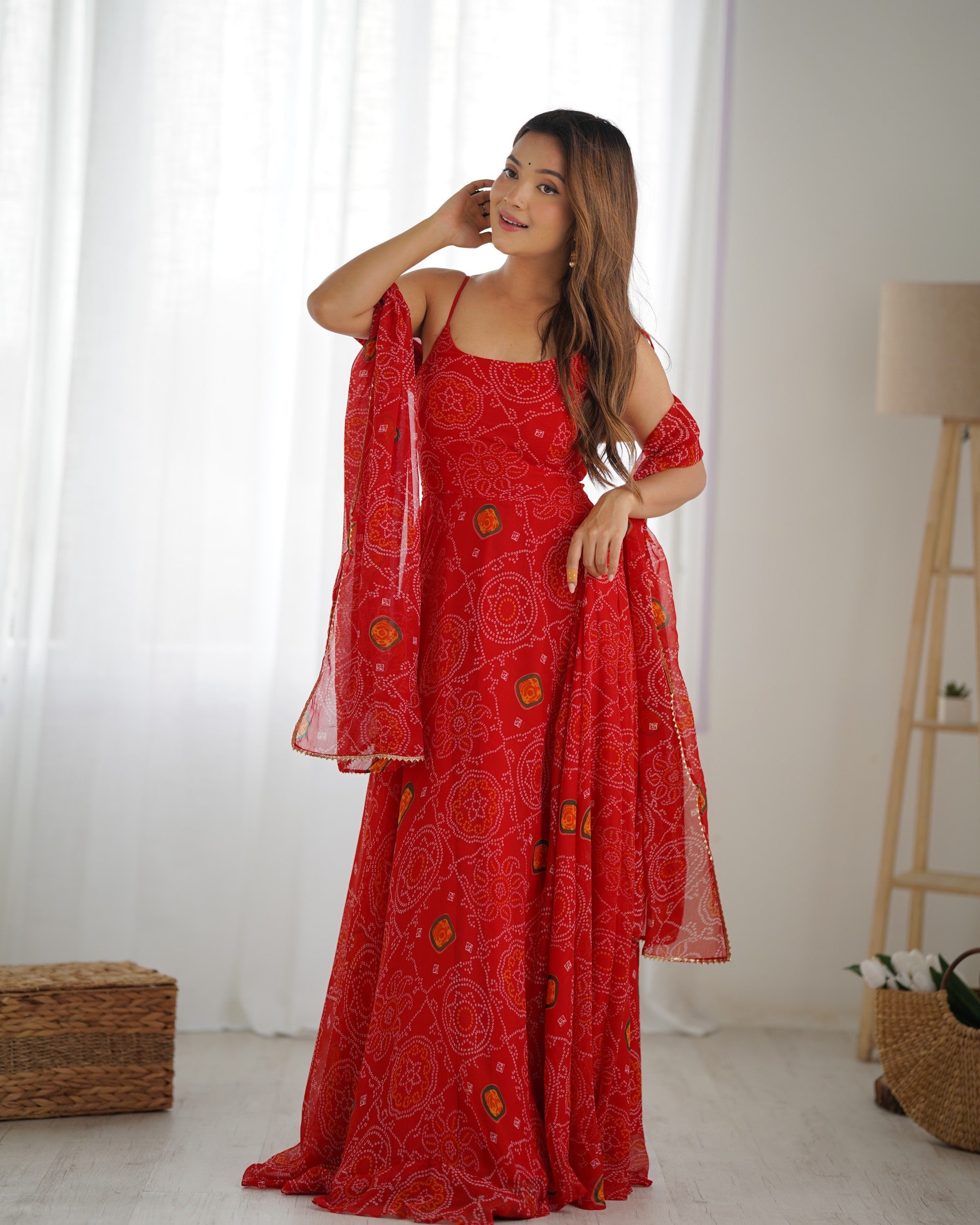 Red Bandhej Print Chiffon Anarkali Gown with Pant and Dupatta Set