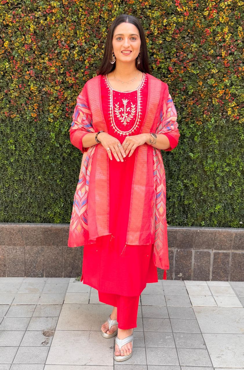 Red Roman Silk Kurta Pant Set with Hand Work and Dupatta