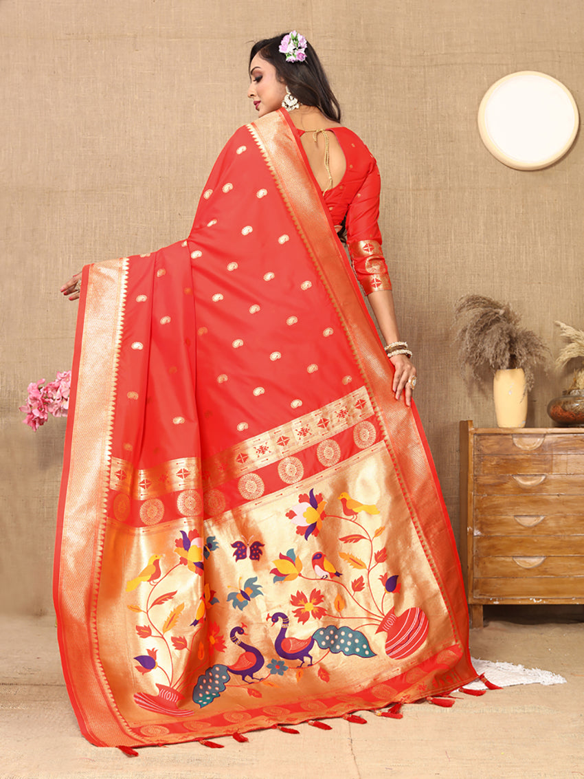 Red Soft Paithani Silk Saree with Rich Zari Meenakari Weaving