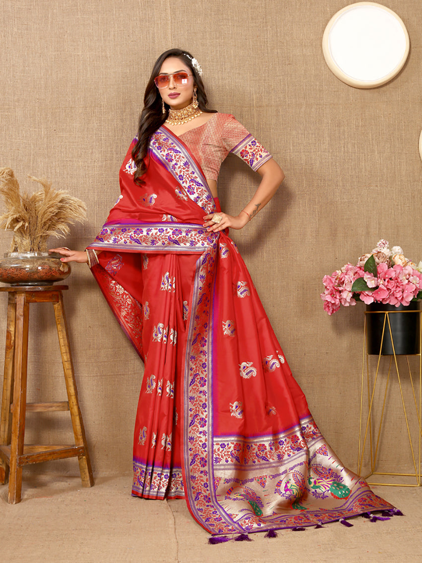 Red Soft Paithani Silk Saree with Meenakari Zari Pallu