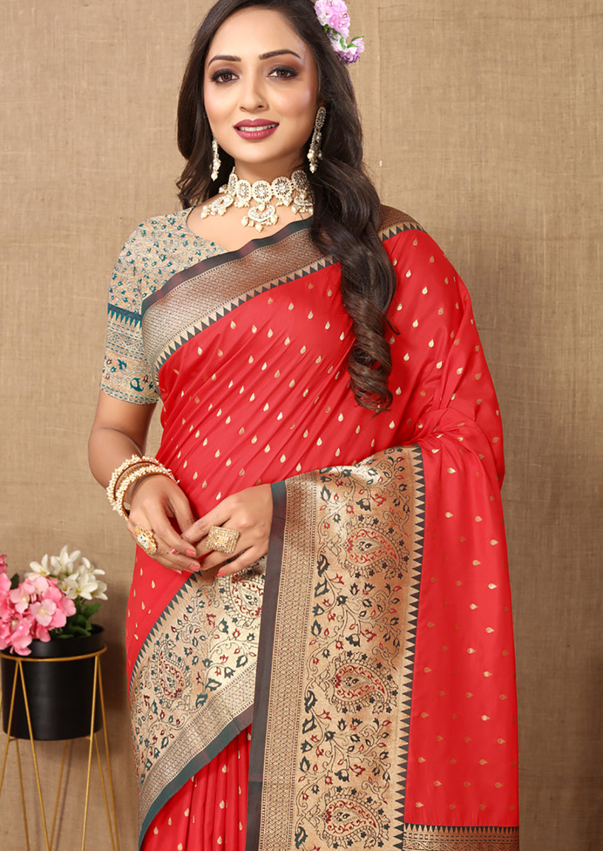 Red Soft Silk Saree with Rich Zari Weaving Design