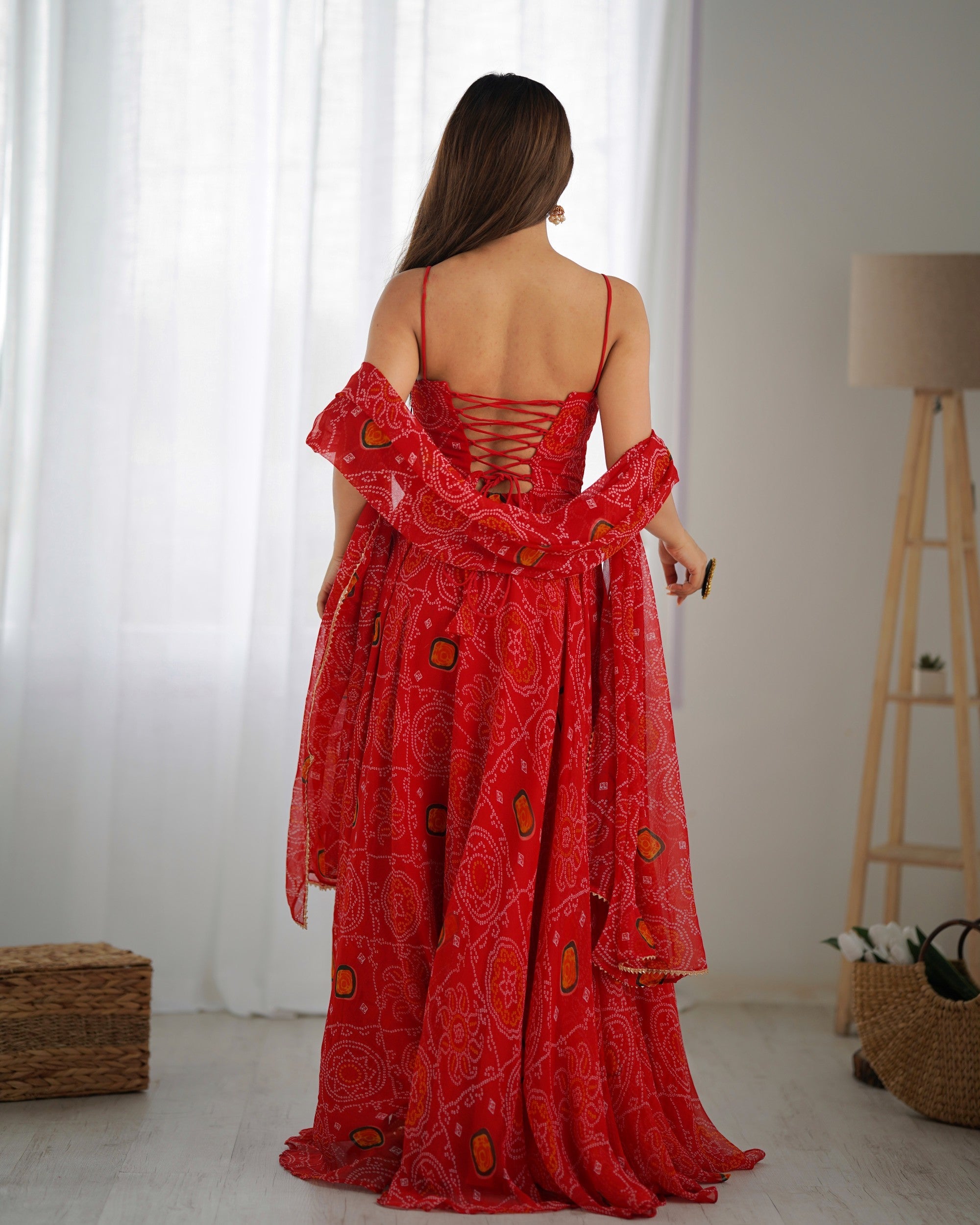 Red Bandhej Print Chiffon Anarkali Gown with Pant and Dupatta Set