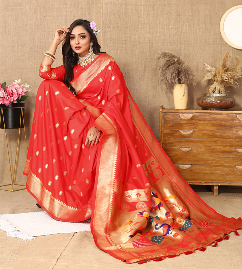 Red Soft Paithani Silk Saree with Rich Zari Meenakari Weaving