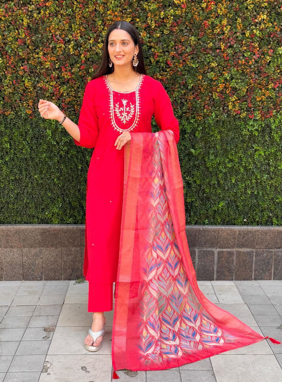 Red Roman Silk Kurta Pant Set with Hand Work and Dupatta