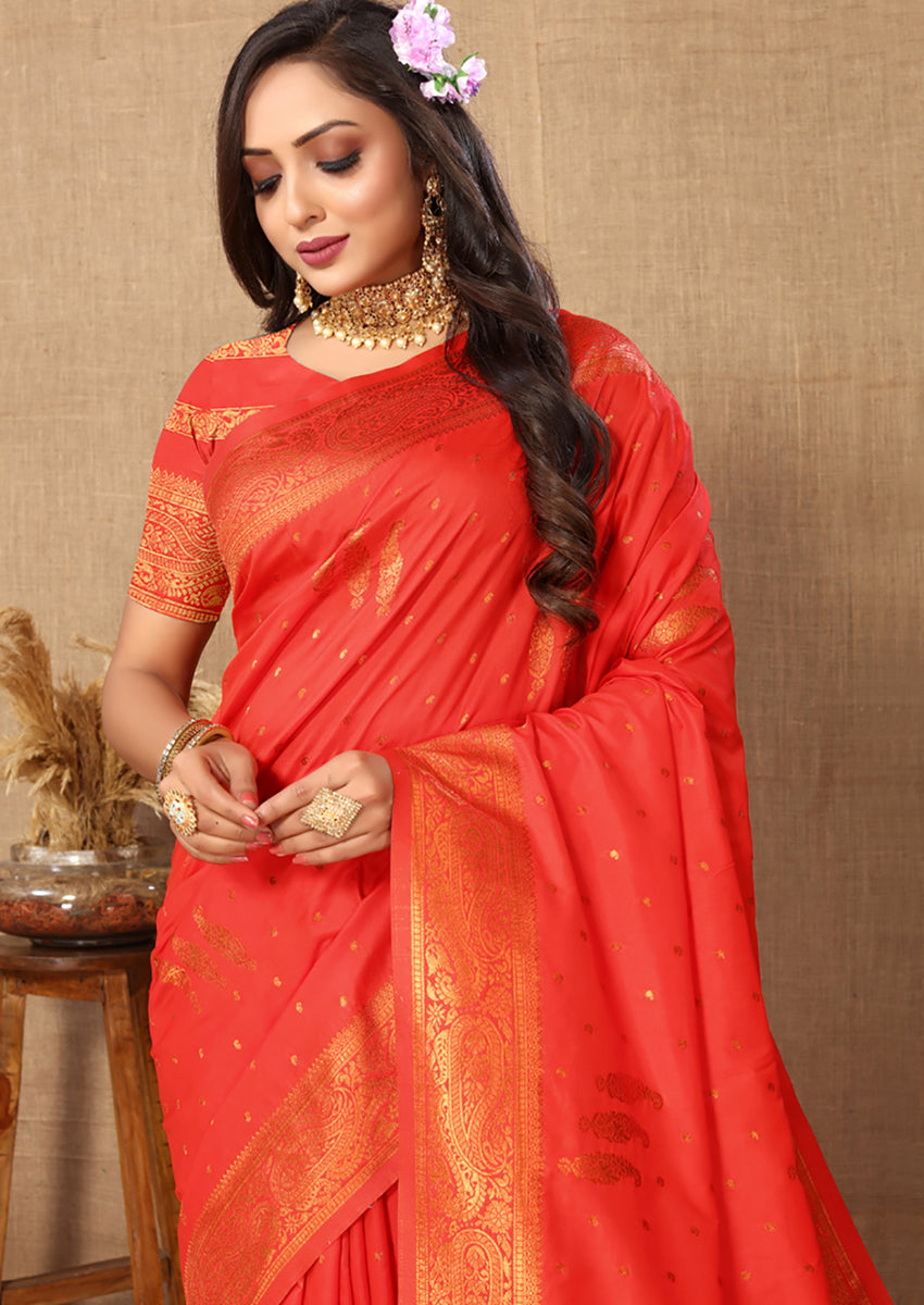 Red Soft Silk Saree with Copper Zari Weaving Design