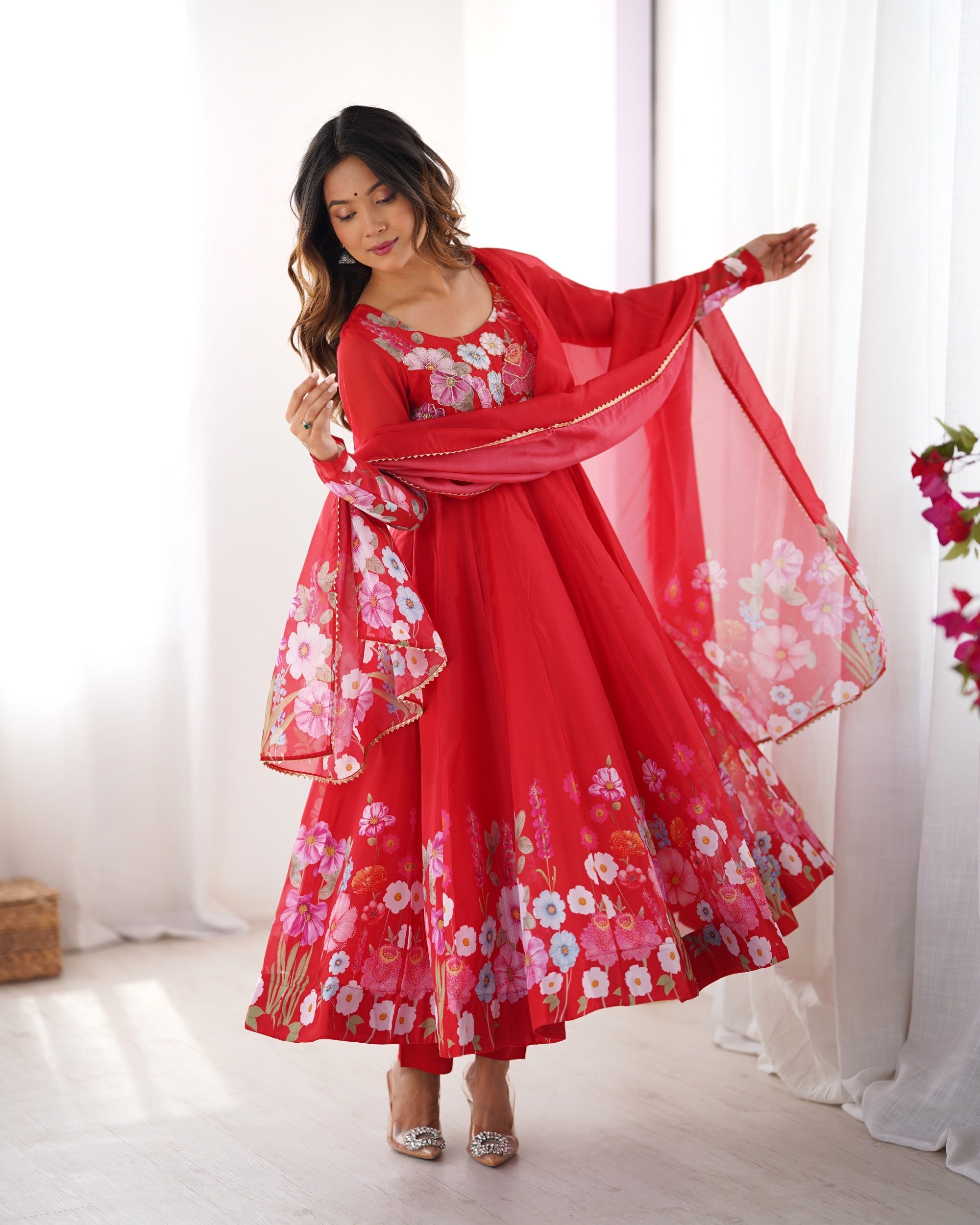 Red Organza Silk Floral Print Anarkali Pant and Dupatta Set