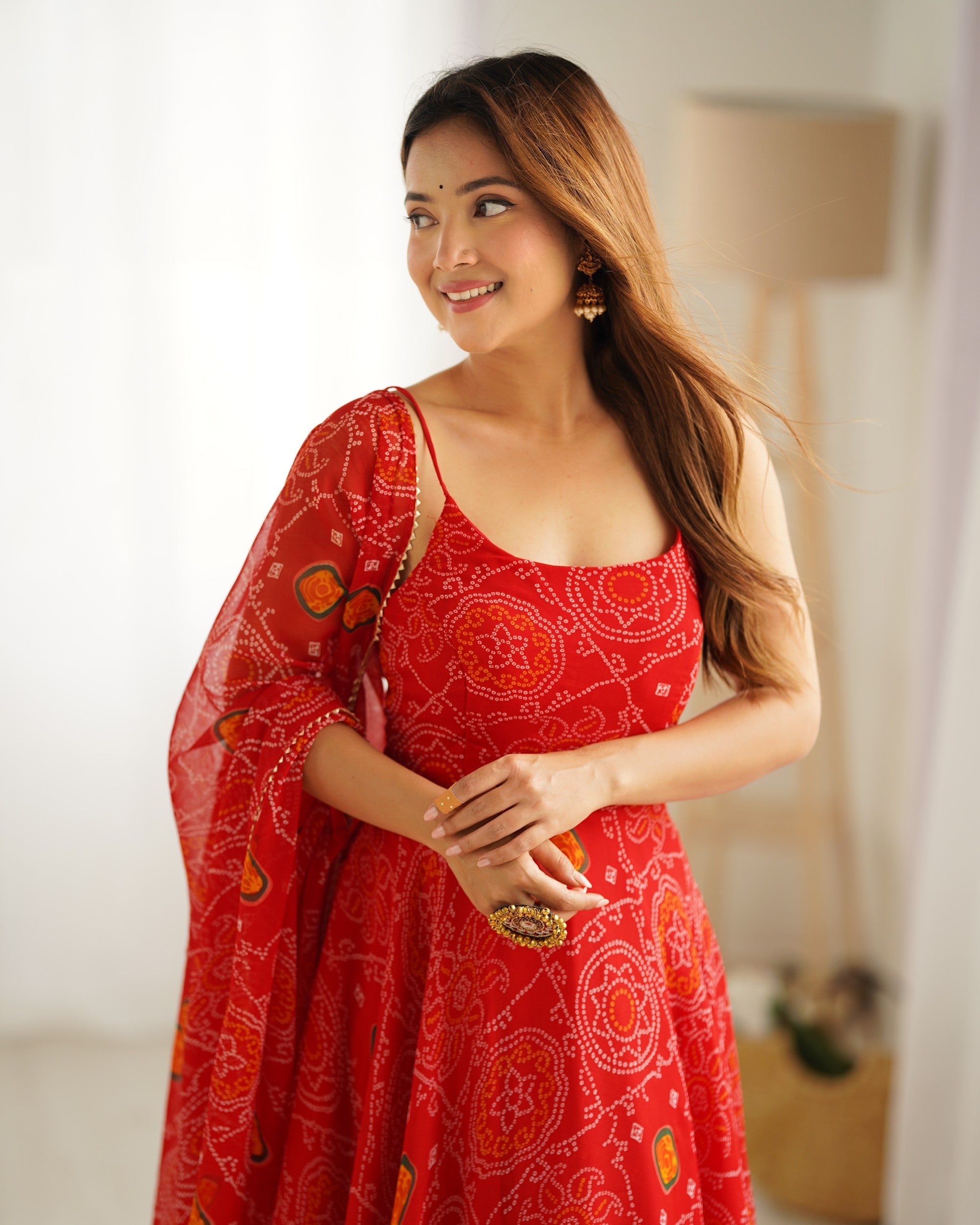 Red Bandhej Print Chiffon Anarkali Gown with Pant and Dupatta Set