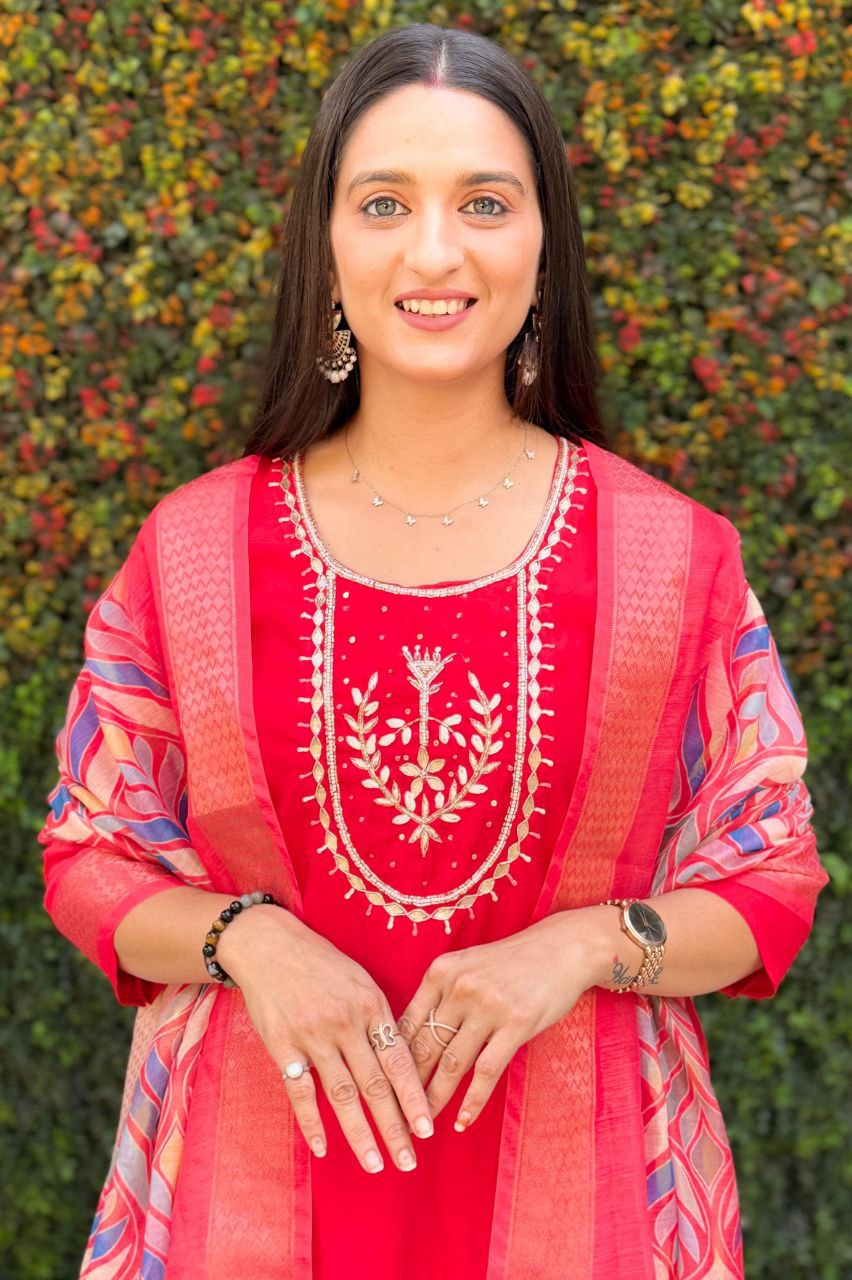 Red Roman Silk Kurta Pant Set with Hand Work and Dupatta