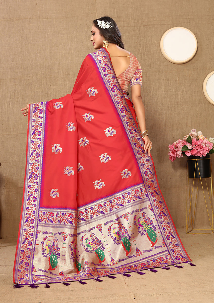 Red Soft Paithani Silk Saree with Meenakari Zari Pallu