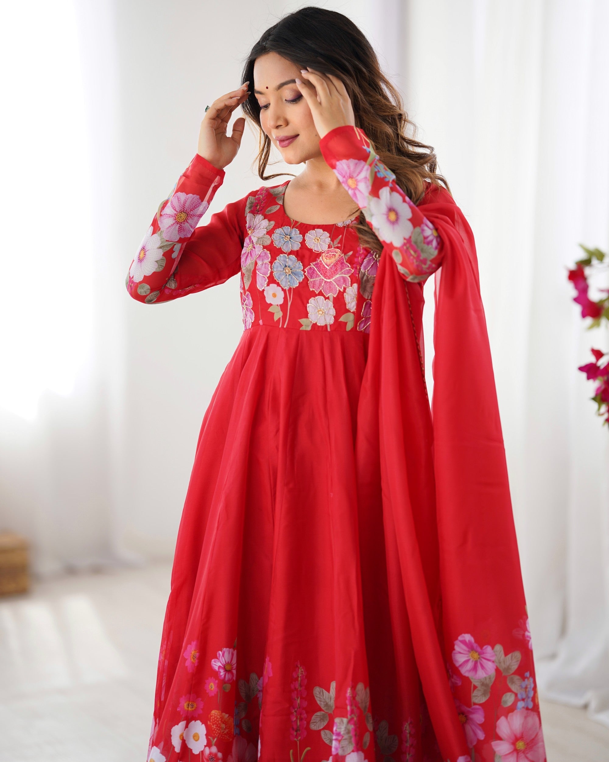 Red Organza Silk Floral Print Anarkali Pant and Dupatta Set
