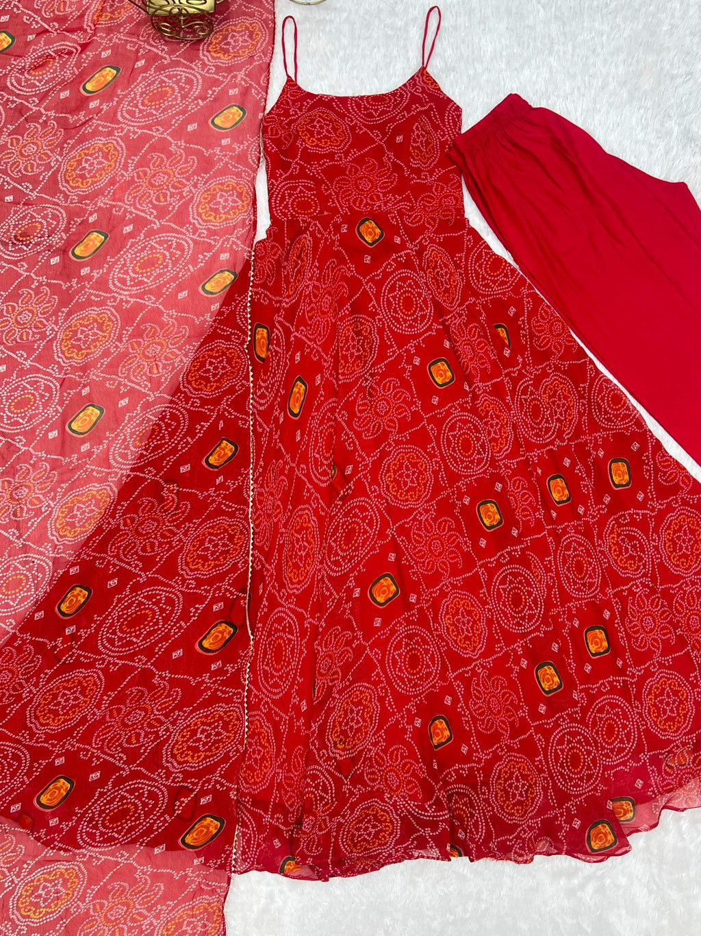 Red Bandhej Print Chiffon Anarkali Gown with Pant and Dupatta Set