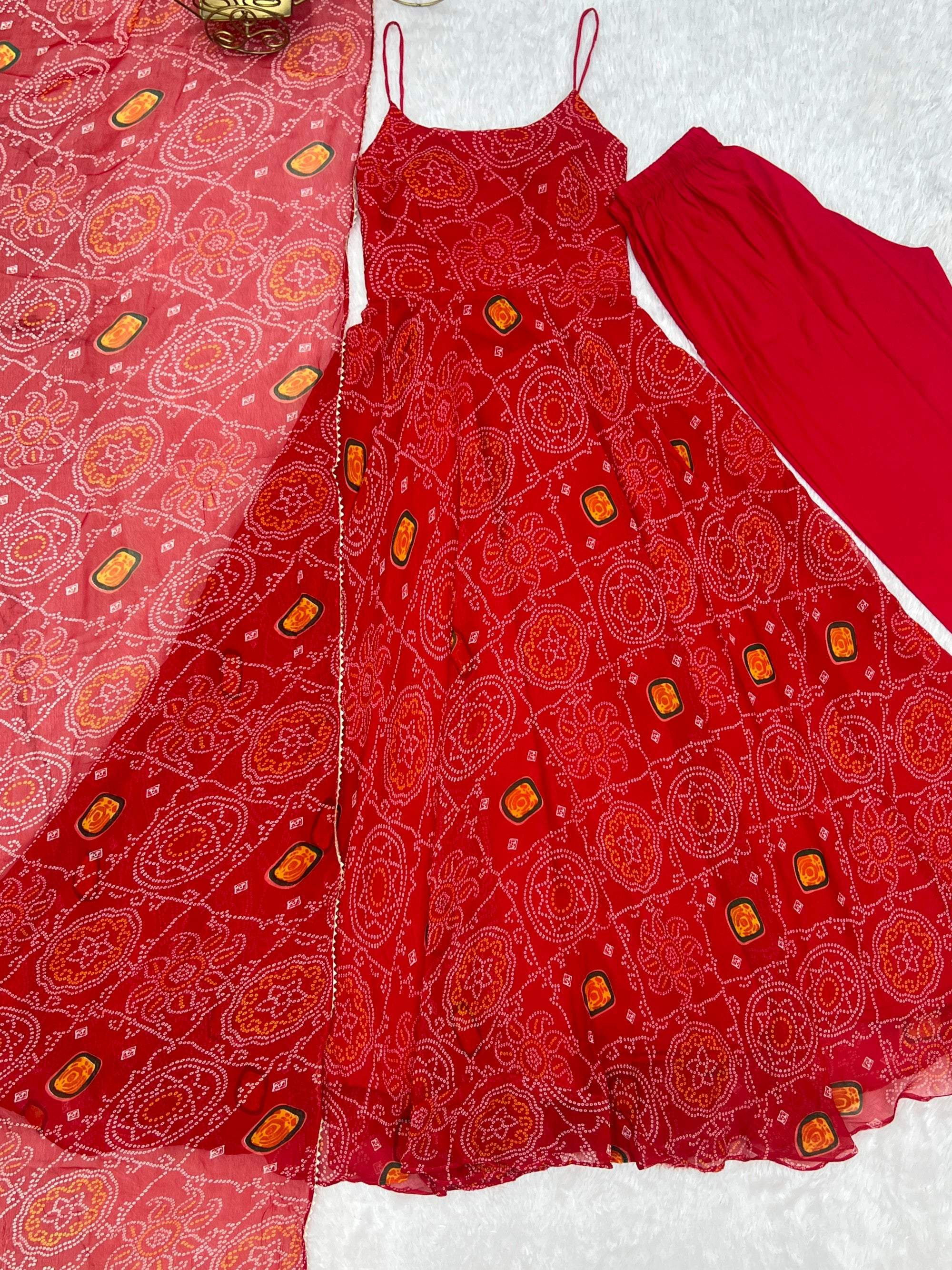 Red Bandhej Print Chiffon Anarkali Gown with Pant and Dupatta Set
