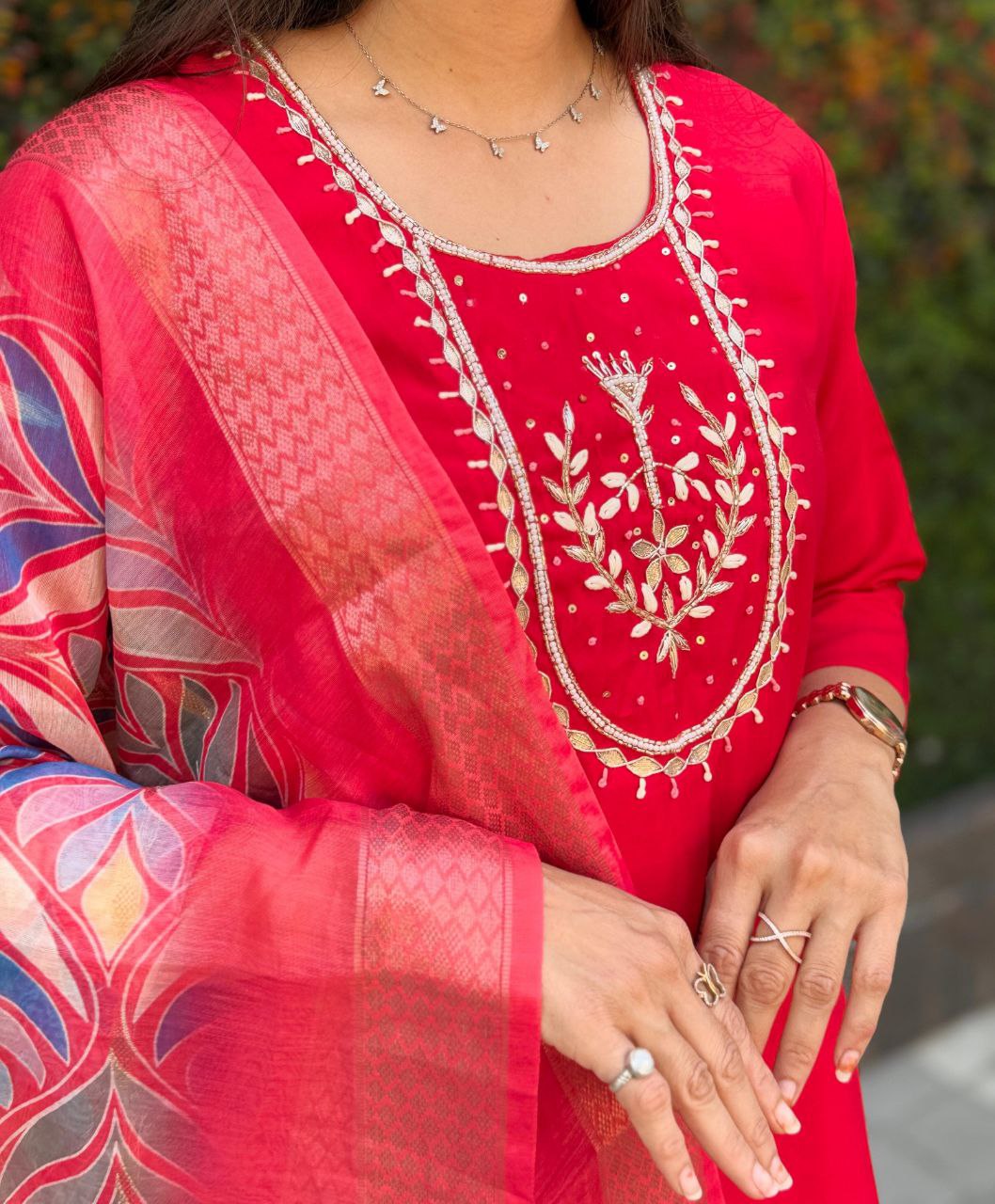 Red Roman Silk Kurta Pant Set with Hand Work and Dupatta