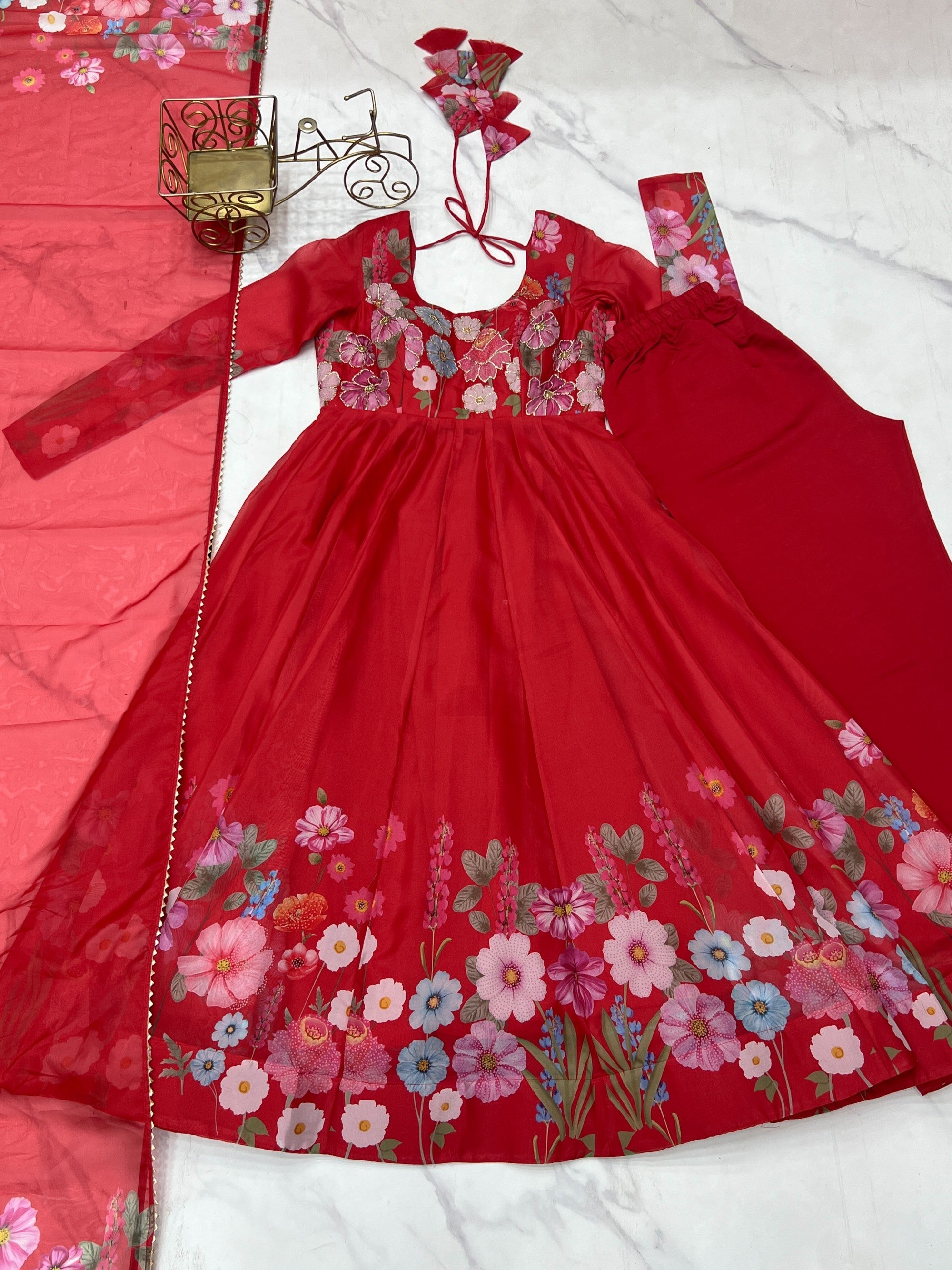 Red Organza Silk Floral Print Anarkali Pant and Dupatta Set