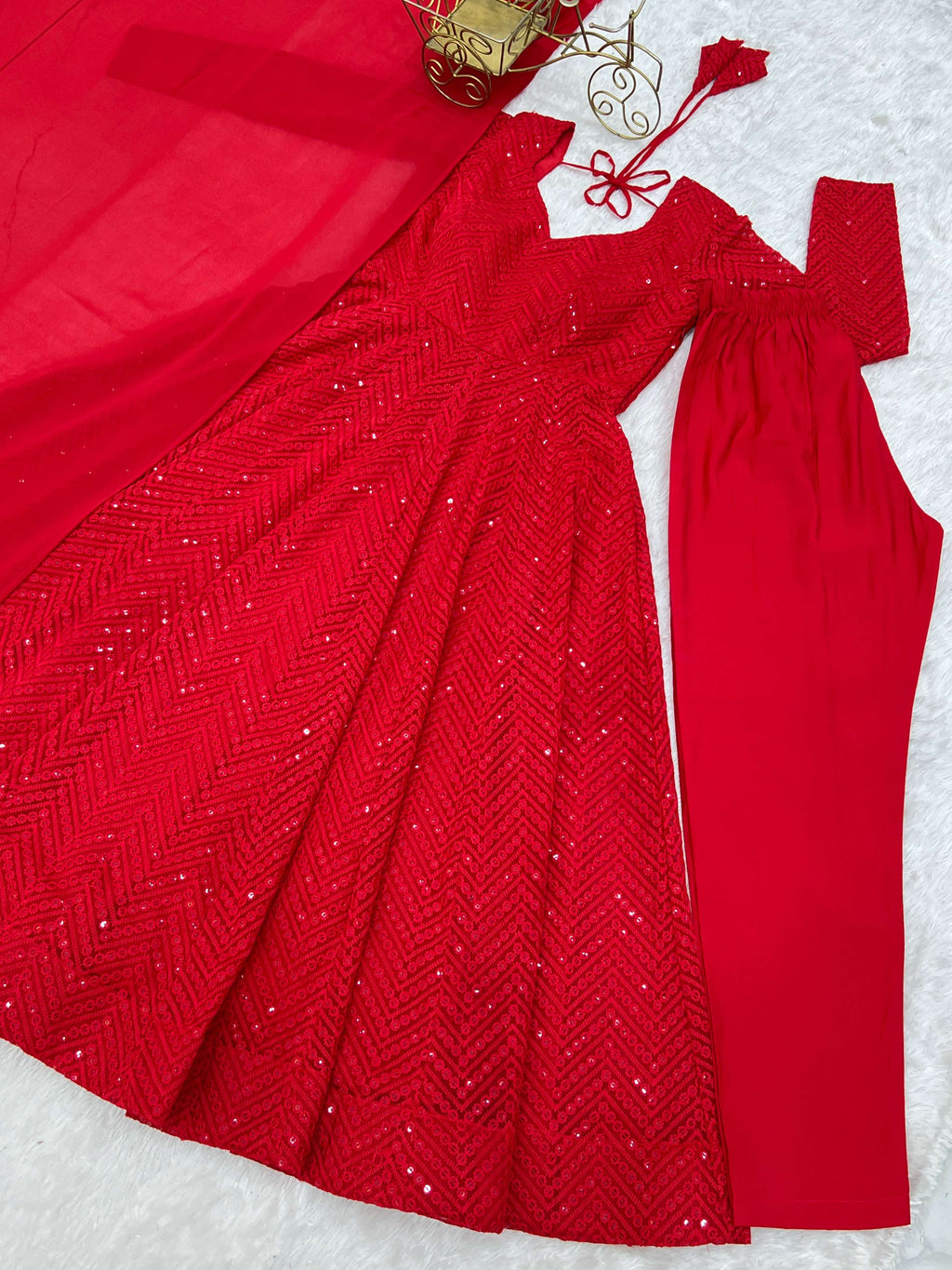 Lorenvalley Fashion Red Faux Georgette Lukhnowi Sequence Work Anarkali Kurta Pant With Dupatta Set