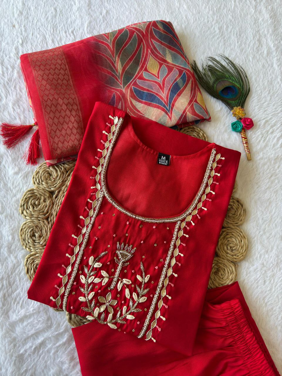 Red Roman Silk Kurta Pant Set with Hand Work and Dupatta