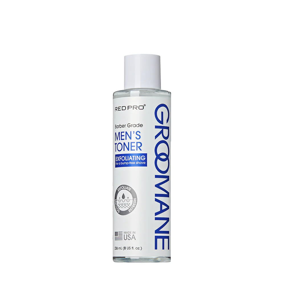 Bottle of GROOMANE Men's Exfoliating Toner 8oz for razor bump prevention