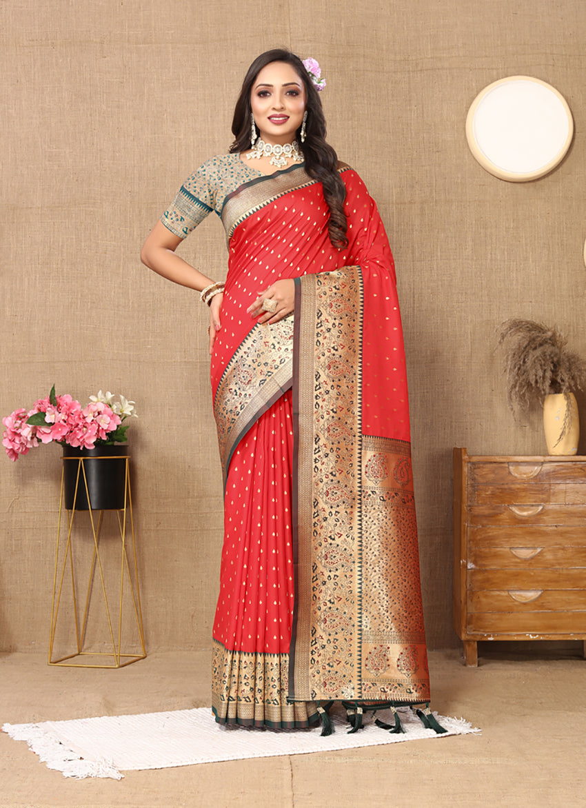 Classic red soft silk saree with intricate gold Zari weaving pattern.