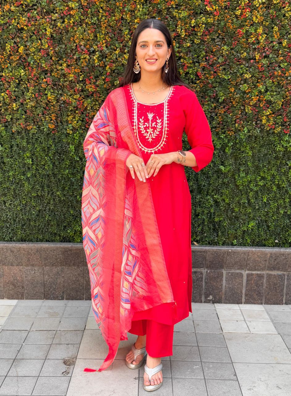 Red Roman Silk kurta set with hand-work, matching pants, and dupatta