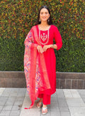 Red Roman Silk kurta set with hand-work, matching pants, and dupatta
