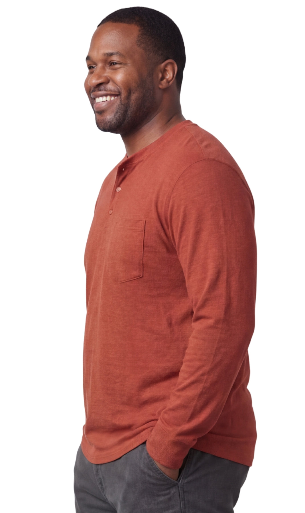 Men's Long Sleeve Henley Shirt with Chest Pocket and 3-Button Placket