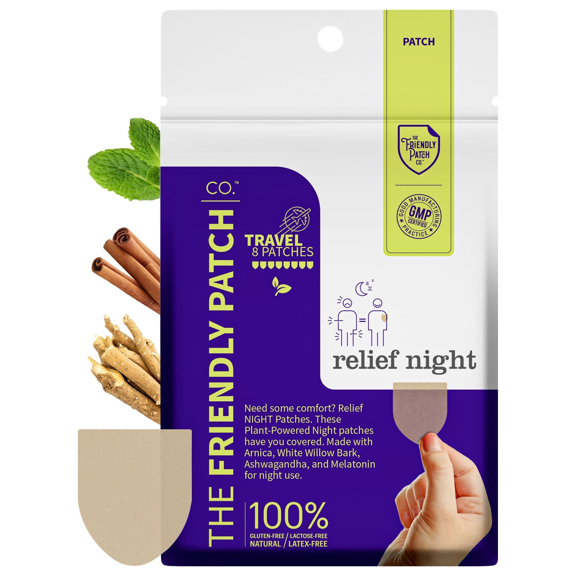 Relief Night Patch - 8 pack Arnica, White Willow Bark, Melatonin for Soreness for sleep