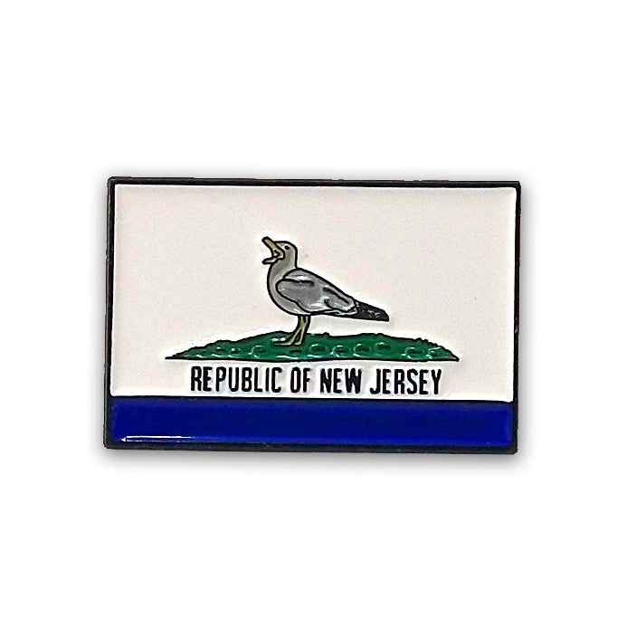Republic of New Jersey enamel pin featuring an iconic seagull design on a white background.