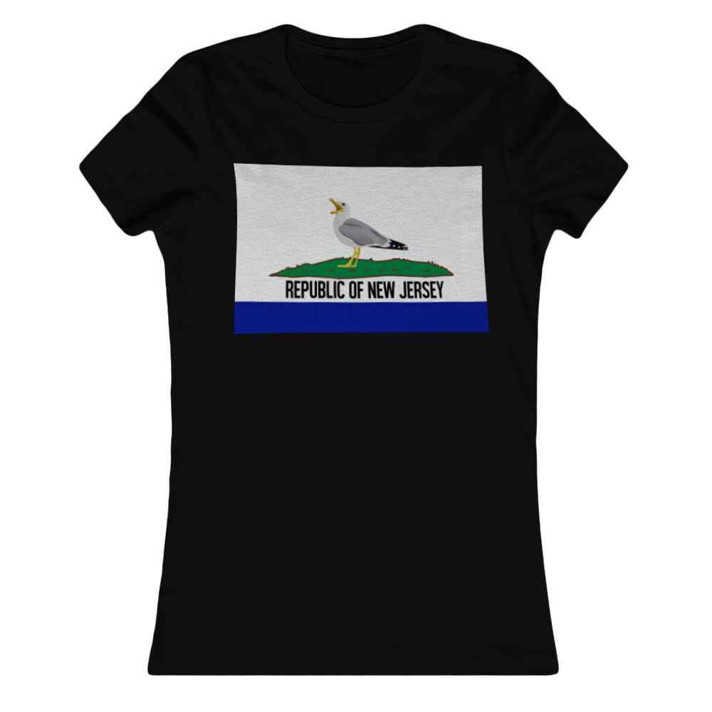 Girl wearing a white graphic t-shirt with a seagull print and Republic of New Jersey text.