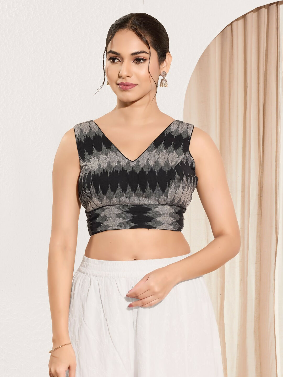 Black Ikat Silk Sleeveless Padded Blouse with V Neck